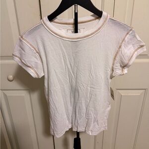 We The Free White Short Sleeve Crewneck Tee with Tan Stitching